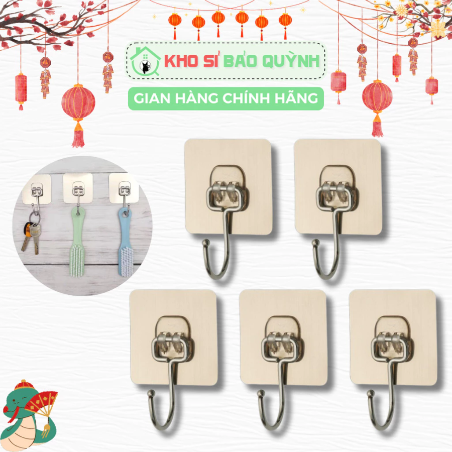 (Loại 1) Set 5 Móc Dán Tường Inox 304 Loại 1 Chân Chịu Lực Đến 5Kg Kèm Miếng Dán Tráng Bạc Siêu Dính