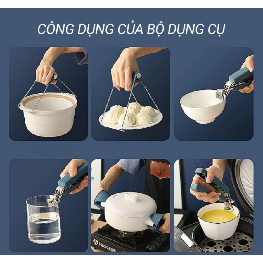Combo 3 Món Dụng Cụ Kẹp Gắp Kẹp Bát Đĩa, Găng Tay Nhắc Nồi Chống Nóng,Kẹp Thức Ăn Nóng,Thép Không Gỉ
